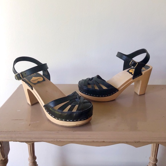 Swedish Hasbeens Shoes - Swedish Hasbeens Black Leather Clogs High Heel